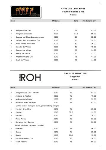 la carte des vins - RELAIS DU VALAIS