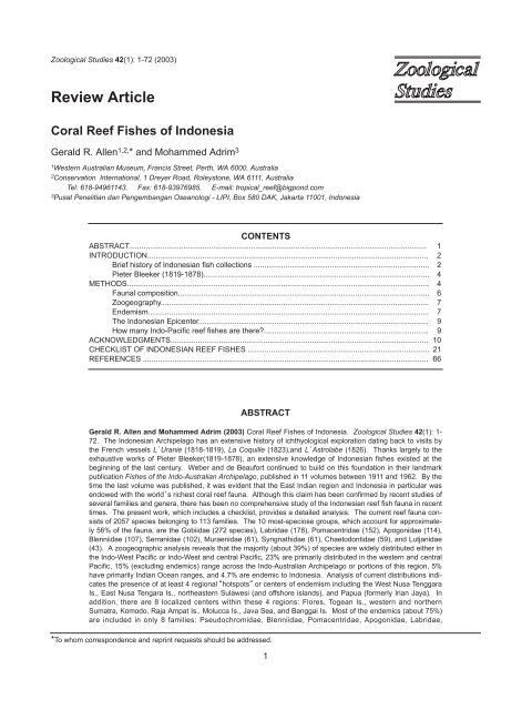 Coral reef fishes of Indonesia - Zoological Studies