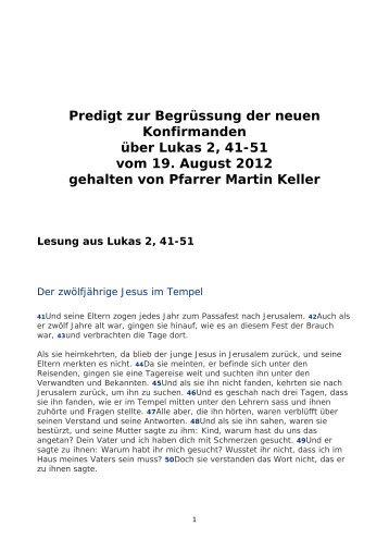 Predigt zur Begrüssung der neuen Konfirmanden über Lukas 2, 41 ...