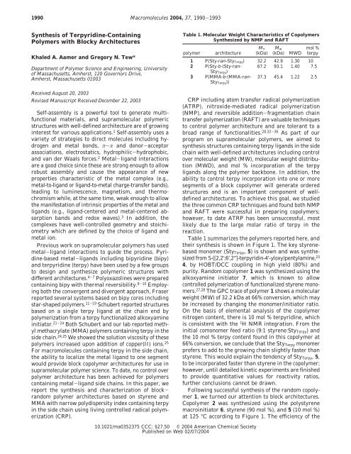 Synthesis of Terpyridine-Containing Polymers with Blocky ...