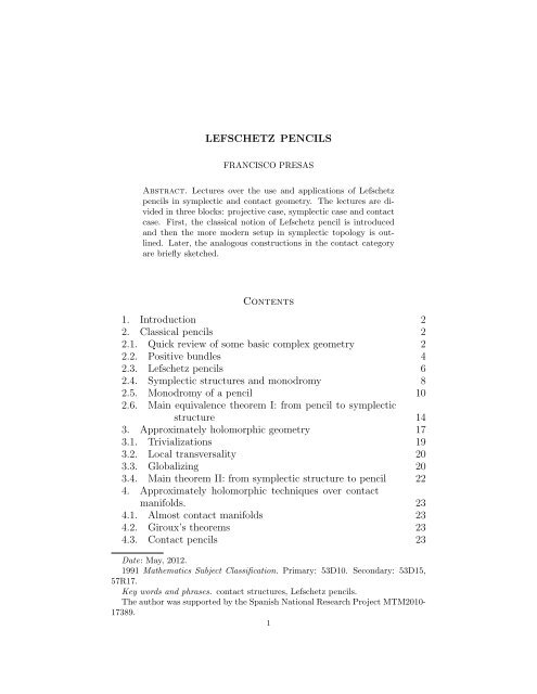 LEFSCHETZ PENCILS Contents 1. Introduction 2 2. Classical ...