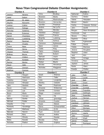 Nova Titan Congressional Debate Chamber Assignments: