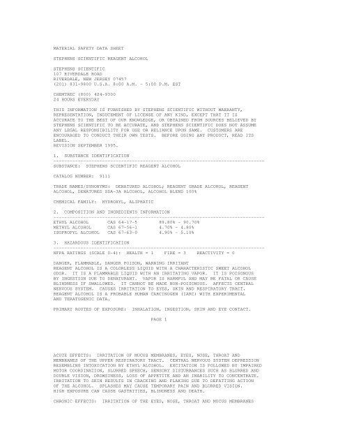 MATERIAL SAFETY DATA SHEET STEPHENS SCIENTIFIC ...