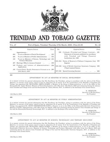 Gazette No. 45 of 20.. - Trinidad and Tobago Government News