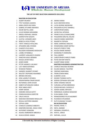 The list of first selection candidates 2011/2012 - University of Arusha