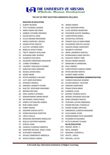 The list of first selection candidates 2011/2012 - University of Arusha