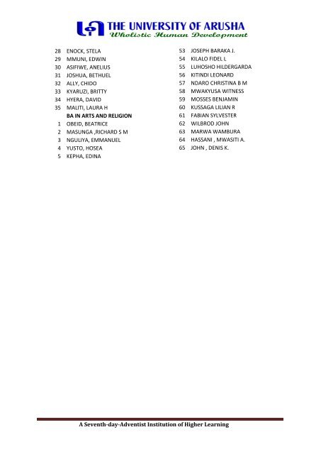 The list of first selection candidates 2011/2012 - University of Arusha