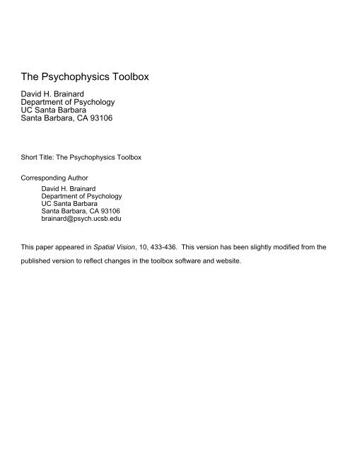 Psychophysics Toolbox - David Brainard's