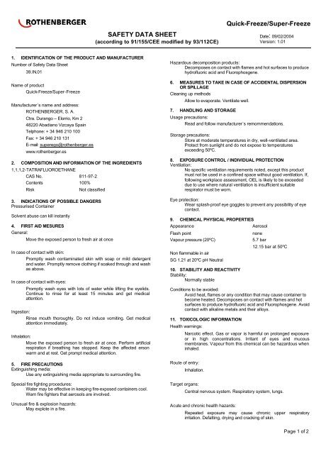 Quick-Freeze/Super-Freeze SAFETY DATA SHEET - Rothenberger