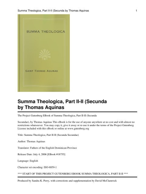 The Summa Theologica, St. Thomas Aquinas - ldwilkersonministries