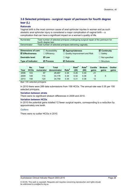 Australasian Clinical Indicator Report 2003 – 2010 Obstetrics ...