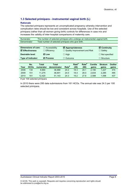 Australasian Clinical Indicator Report 2003 – 2010 Obstetrics ...