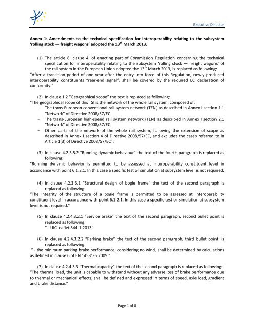 Annex 1: Amendments to the technical specification ... - ERA - Europa