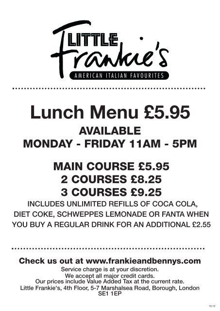 Lunch Menu £5.95 - Frankie and Bennys