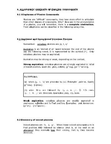 9. ALLOPHONIC VARIANTS OF ENGLISH CONSONANTS 9.1 ...