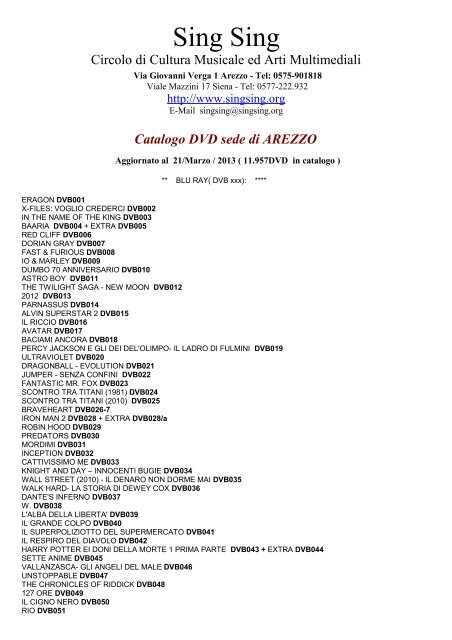 Catalogo DVD sede di AREZZO - Sing Sing