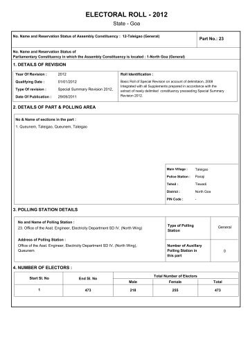 ELECTORAL ROLL - 2012 - The Chief Electoral Officer,Goa State