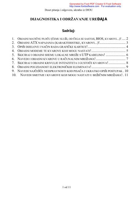 DIJAGNOSTIKA I ODRŽAVANJE UREĐAJA Sadržaj
