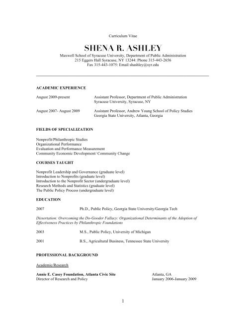 shena r. ashley - Maxwell School of Citizenship and Public Affairs ...