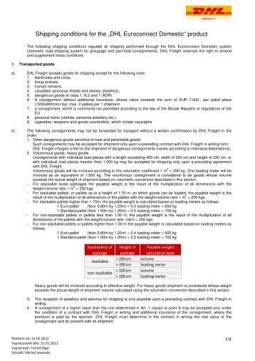 Shipping conditions for the „DHL Euroconnect Domestic“ product