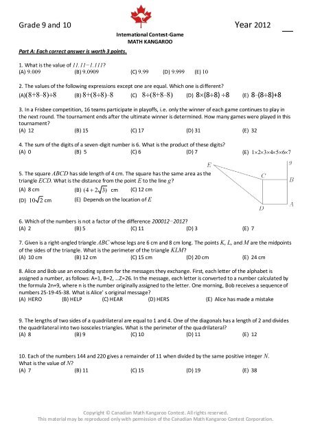 Grade 9-10 - Canadian Math Kangaroo Contest