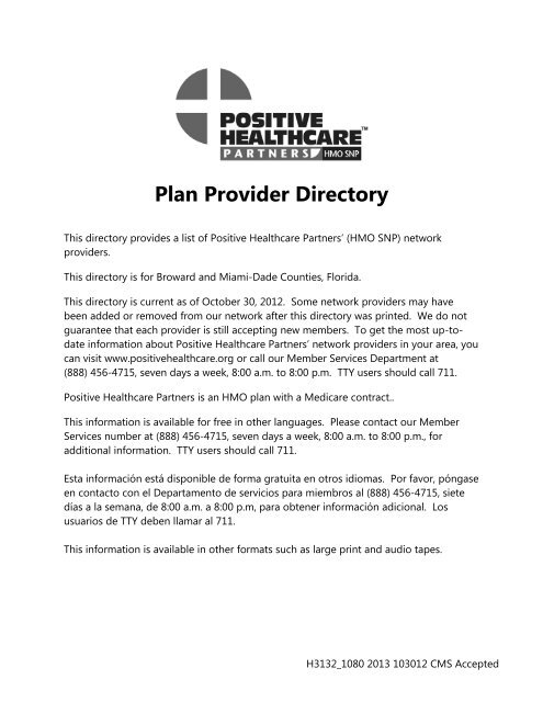 Plan Provider Directory - Positive Healthcare