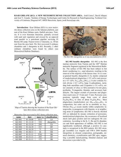 Ksar Ghilane (KG): A New Meteorite Dense Collection - Lunar and ...