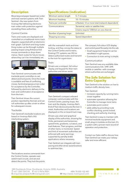 Datasheet 10A-36 (issue 2.0) Train Sentinel - Invensys Rail