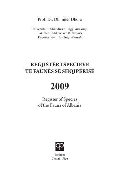 regjistër i specieve të faunës së shqipërisë 2009 - Luigj Gurakuqi