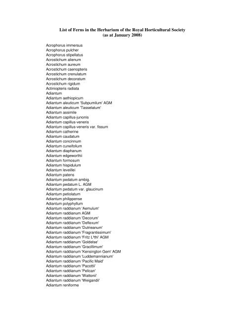 List of Ferns in the Herbarium of the Royal Horticultural Society (as ...