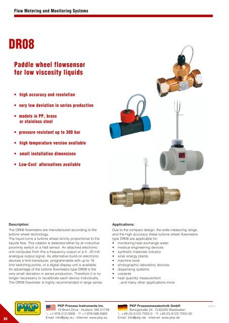 Paddle wheel flowsensor for low viscosity liquids - PKP