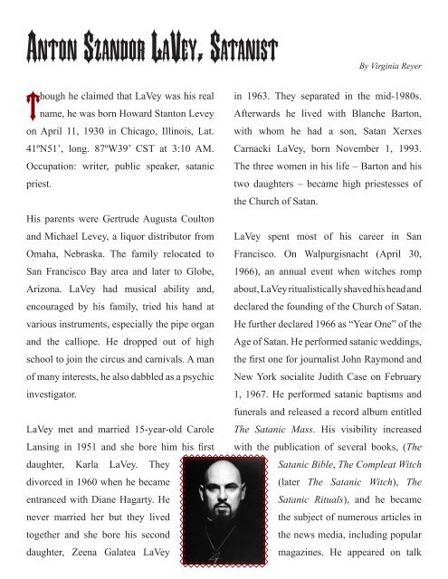 Anton SzAndor LAVey, SAtAniSt - Arizona Society of Astrologers