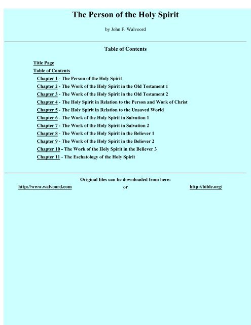 The Person of the Holy Spirit - Table of Contents