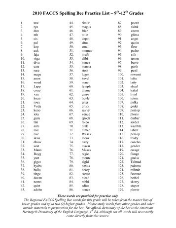 2010 FACCS Spelling Bee Practice List – 9 -12 Grades