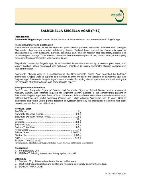 Salmonella Shigella Agar Product Information Page