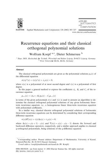 Recurrence equations and their classical orthogonal polynomial ...