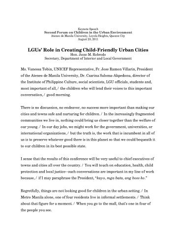 LGUs' Role in Creating Child-Friendly Urban Cities - Department of ...