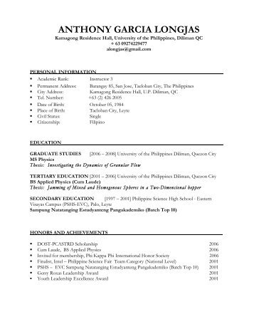 curriculum vitae - The UP College of Science - UP Diliman