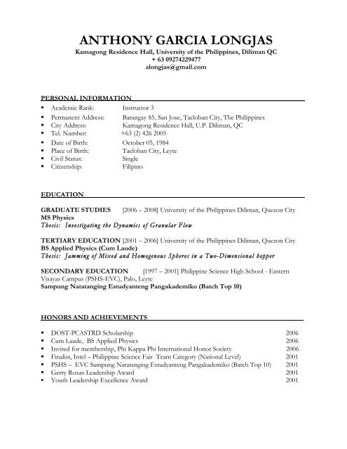 curriculum vitae - The UP College of Science - UP Diliman