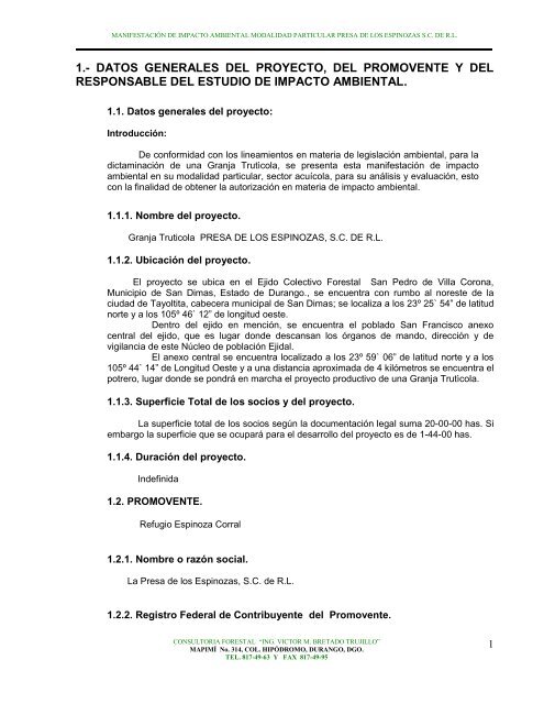 1.- datos generales del proyecto, del promovente ... - sinat - Semarnat