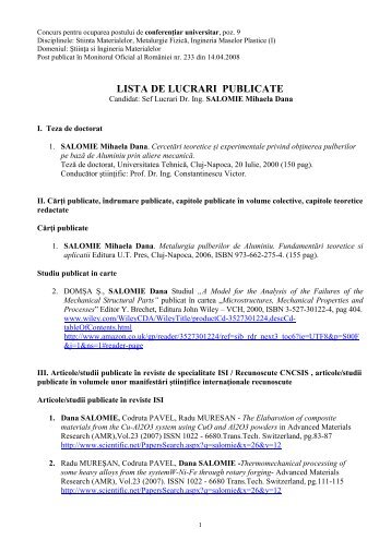 LISTA DE LUCRARI PUBLICATE - Universitatea Tehnică