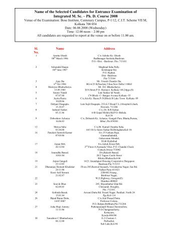 Name of the Selected Candidates for Entrance ... - Bose Institute