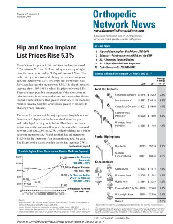 Hip and Knee Implant Prices: 2010-2011 - onn recon - Orthopedic ...