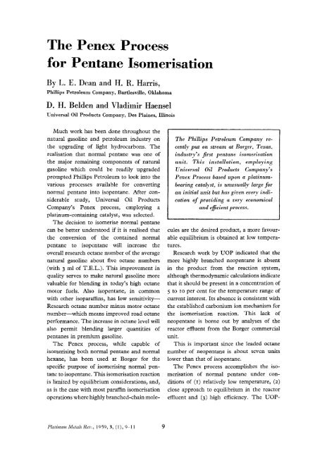 The Penex Process for Pentane Isomerisation - Platinum Metals ...