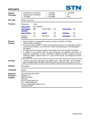 SPECINFO Database Summary Sheet (DBSS) - STN International