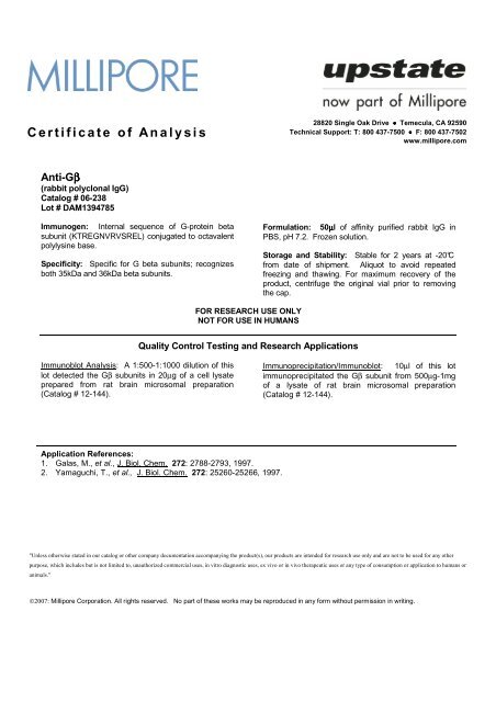 Certificate of Analysis - Millipore