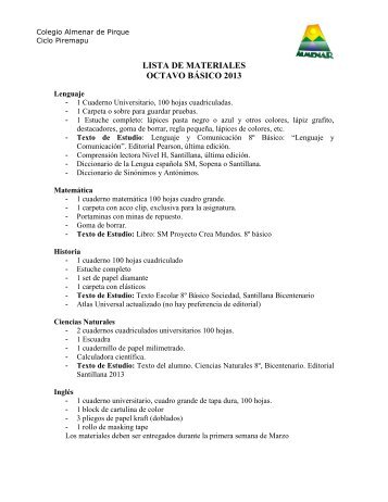 LISTA DE MATERIALES OCTAVO BÁSICO 2013 - Colegio Almenar