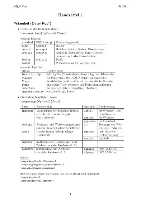 LaTeX-Kurs SS11 - Handzettel 1