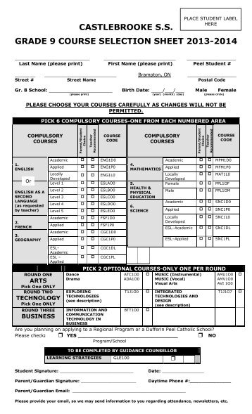 castlebrooke ss grade 9 course selection sheet 2013-2014