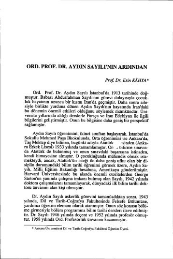 ORD. PROF. DR. AYDIN SAYILI'NIN ARDıNDAN - Ankara ...